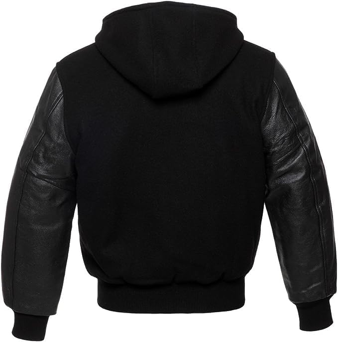 Veste varsity à capuche baseball bomber en laine et manches cuir véritable