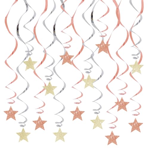 Image of BEISHIDA Rose Gold and Silver Glitter Stars Hanging Swirls Pre-Strung Hanging Ornament Decorations for Engagement Bridal Showe Wedding Anniversary Birthday Party Decorations,Pack of 15
