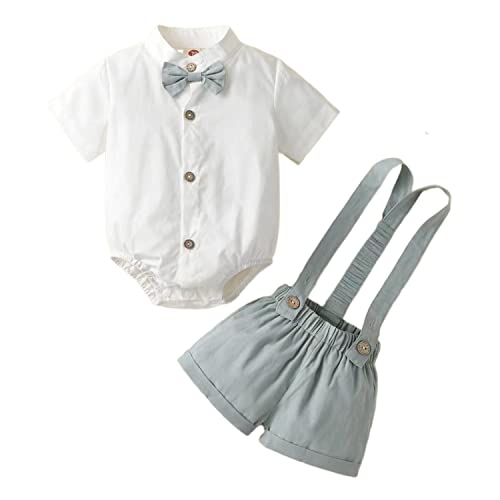 Image of Qiylii Infant Baby Boy Dress Outfits Short Sleeve Bow-tie Bodysuit Shirts & Suspender Shorts 2PC Summer Casual Clothes