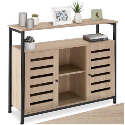 tectake® Industrial Sideboard Wohnzimmer, Kommode mit 2 Türen und offenen Regalfächern, 100 x 37 x 82 cm, Küchenschrank, TV Schrank, Beistellschrank, Buffetschrank (Industrial Holz hell, Eiche Sonoma)