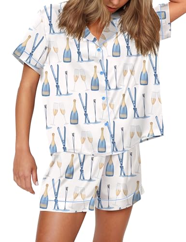 Image of SHESHOW Pajamas for Women Set Satin Button Down Short Sleeve Top and Shorts Pjs Sets Sport Ball Print Sleepwear XS-XXL