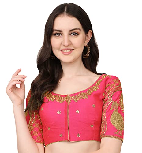 Image of Pujia Mills Women's Phantom Silk Embroidery Handwork & Sequin Work Peacock Design Half Sleeve Readymade Blouse (Mor Blouse Gold 38 Size+Margin)