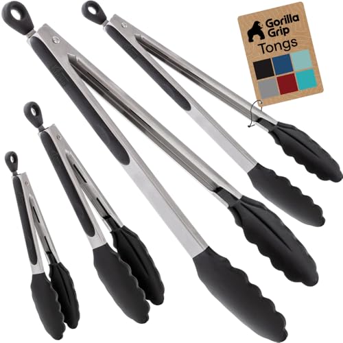 Image of GORILLA GRIP Stainless Steel Heat Resistant Kitchen Tongs for Cooking, 7 + 9 + 12 + 14 Inch Set of 4 BBQ Tong, Non Scratch Silicone Tip for Pans, Grab Food, Toss Salad, Pull Lock, Black