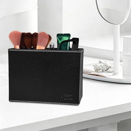 Image of Black Pen Holder, Double Slots Leather Pencil Holder, Elegant Pen Holder for Desk, Stationery Organizer for School Office Home Dorm