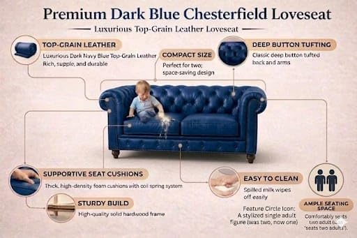 Image of Classic Leatherette Chester Sofa Set Button Tufted, Classic Style Sofa Set 3-Person Sofa for Living Room, Office, and Hallway Colour (Blue Leatherette, 2 Seater Sofa)