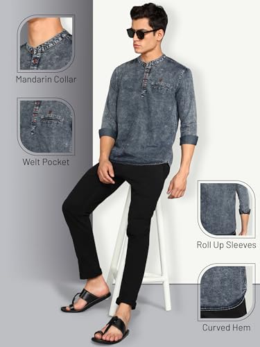 Image of Kuons Avenue Men's Denim Casual Short Kurta | Mandarin Collar | Full Sleeves | Tailored Fit- Stylish Ethnic Wear