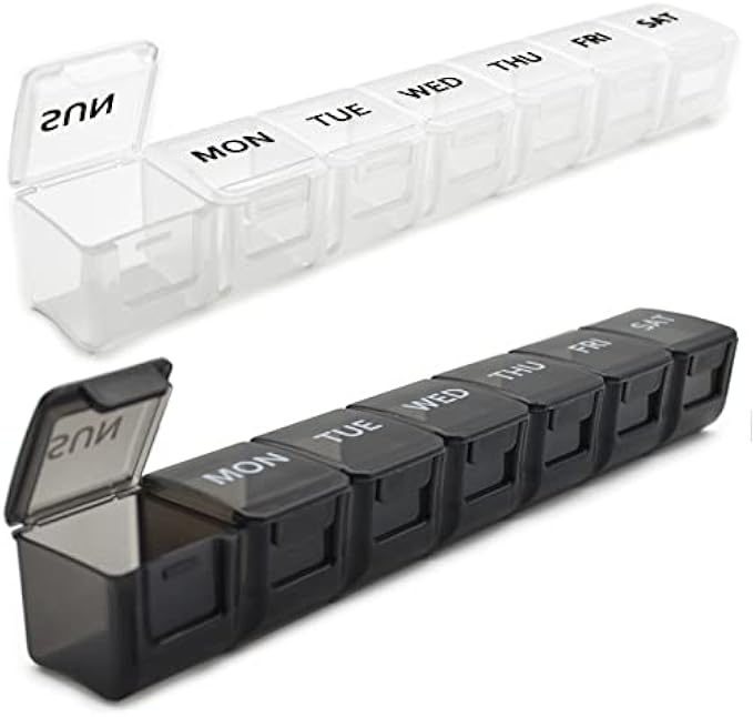 2 Pack Weekly Pill Organizer, Large 7 Day Pill Case, Daily Vitamin Case Medicine Box, AM/PM Pill Containers for Medicine Supplements Fish Oil（White & Black）