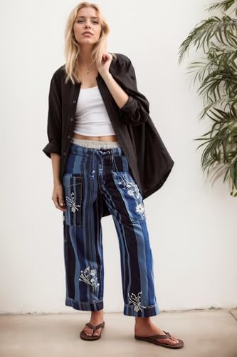 LifeShe Striped Pants Women Floral Printed Wide Straight Leg Lounge Pant Mid Rise Drawstring Cropped Trousers4