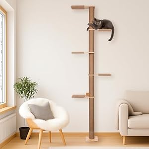 PET VIOLET Wandmontierter XXL Kratzbaum 206 cm hoch, 5 Ebenen Katzenbaum deckenhoch aus Massivholz & Sisal I Platzsparend Klettern, Kratzen, Spielen mit Katzenkratzbaum in groß