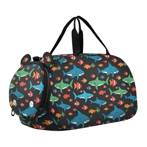 Sea Sharks Black Fish Print Kids Duffel Travel Bag Boys Girls Dance Bag Travel Ballet Cheer Overnight Tote with Adjustable Straps