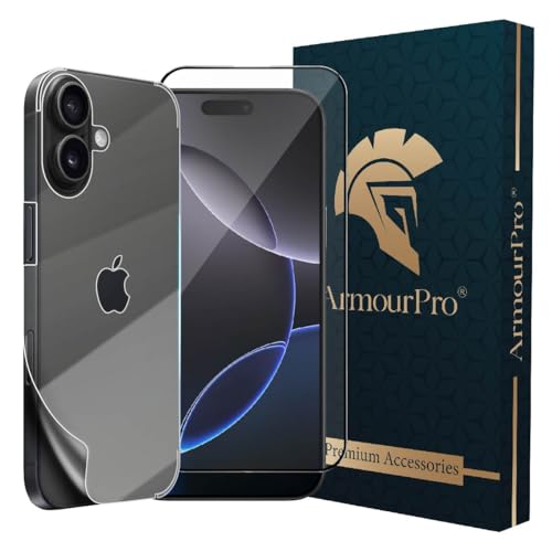 Image of ArmourPro Tempered Glass for iPhone 16 with Back Clear Membrane Guard, Edge to Edge Screen Protector, Anti-Bubble, Anti-Fingerprint, Oil Resistant, Installation Kit | Black