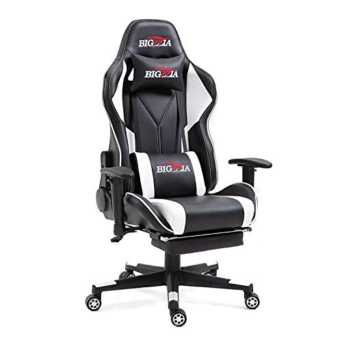 bigzzia Gaming Chair - Ergonomic Office Chairs - Reclining Computer Desk Chair - High Back Swivel PU Leather Racing Chairs with Retractible Footrest Adjustable Headrest and Lumbar Support (White)