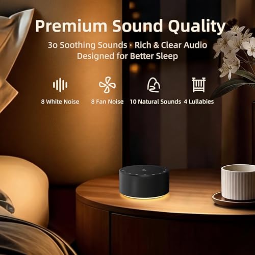 Image of Kipcush White Noise Machine for Baby & Adults, 30 Soothing Sounds, Soft Non-Glare Nursery Lamp, 8 Color Night Lights, Memory Function (Angel V2 Black, Standard)