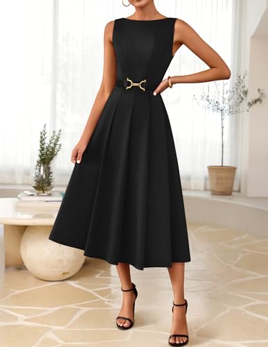 Image of ZESICA Women Summer Sleeveless Midi Dresses 2026 Elegant Boat Neck A Line Tie Waist Spring Cocktail Party Dress