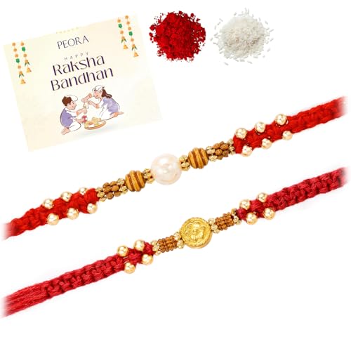 Image of Peora Rakhshabandhan Thread Rakhi for Brother Bhaiya | Kundan Beads & Crystal Studded | Combo Set of 2 | Rakhi Hamper Roli Chawal & Greeting Card