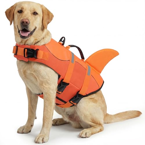 ASENKU Hundeschwimmweste Größe L für mittlere & große Hunde Schwimmweste Hund Hai mit Rettungsgriff Reflektorstreifen & D-Ring ideal für Schwimmen Boot & Strand