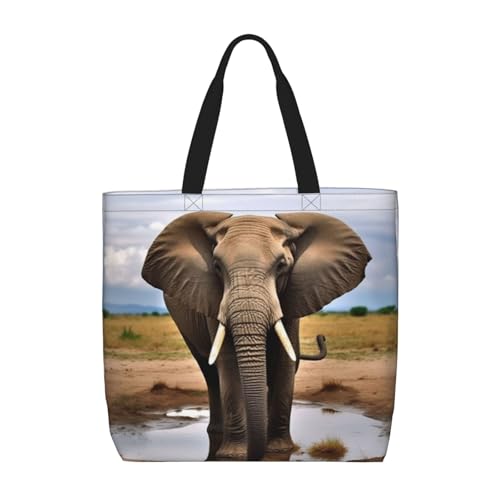 Canvas Tote Bag for Women Shoulder Tote Purse Reusable Grocery Bag African Wild Animals Elephant Aesthetic Shopping Bags