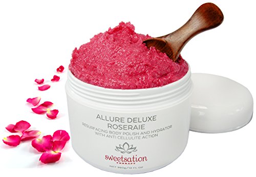 Allure Deluxe Roseraie Best Resurfacing Body Polish and Hydrator, with Anti Cellulite action, 12 oz. Scrub and moisturizer in one. Infused with Rose and Vanilla.