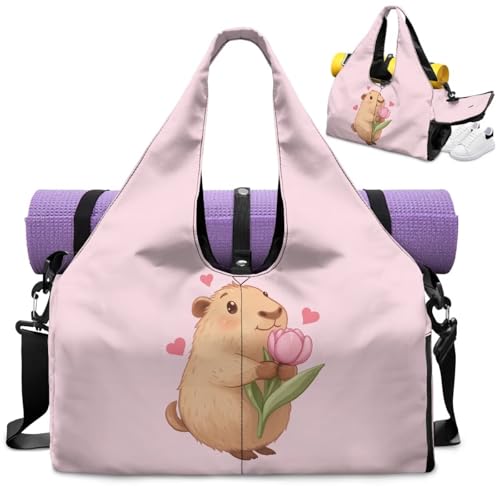 Capybara Gym Bag with Yoga Mat Holder and Shoe Compartment, Extra Large Pink Overnight Bag with Wet Pocket, Adjustable Shoulder Strap Fitness Sport Tote Bag