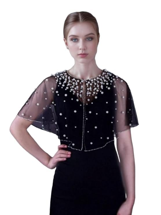 zarinivas Black Pearl Beaded Wedding Cape, White Sheer Bridal Shawl, Short Sleeve Bolero Cover Up-picture-38