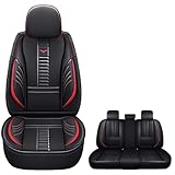 PongChan Waterproof 5 Car Seat Covers for Suzuki Kizashi 2010-2013, Premium Faux Leather Automotive Front and Back Seat Protectors Compatible with Airbag Black & Red Line