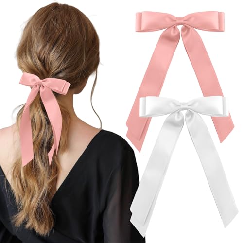 Yetuab Satin Bow Double Ribbon Hair Clips, 2 Count - Hair Clip for Women, Girls Bows and Hair Accessories, White/Pink, Unisex, Classic Style, Party, Wedding & Holiday