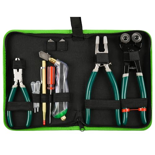 GINWORD 10Pcs Heavy Duty Glass Cutters Tools Kit, Wheeled Glass Tile Nippers Glass Running Breaking Pliers, Breaker Grozer Pliers with Curved Jaws, for Stained Glass, Mosaics, Fusing, Breaking