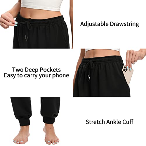 Asimoon Womens Sweatpants Stretch Lightweight Joggers With Pockets Comfy High Waist Drawstring Lounge Pants Ladies Loose Yoga Workout Jogging Pants Black #TOP2