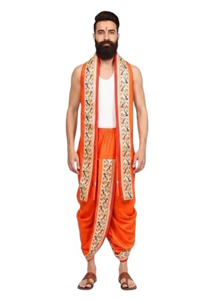 Silk Cotton Dhoti Pant with Velcro Waist | Pre Stitched Traditional Dhoti for Pooja, Temple, Wedding & Festival Wear | Adjustable Ethnic Dhoti for Men Orange-image-9