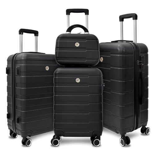 VANELC 4 Piece Hardshell Luggage Set Hardside Lightweight Suitcase with TSA Lock Spinner Wheels,Family Luggage Set(12/20/24/28in) (Black, 4PCS)