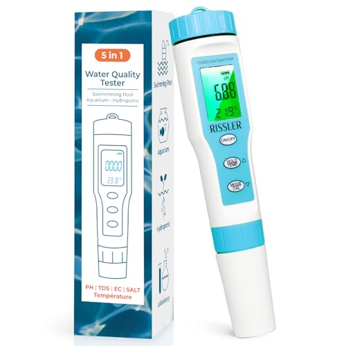 Probador de pH de piscina 5 en 1 – Medidor electrónico de pH de alta precisión para medición salinidad, pH,TDS,EC,Temperatura, Analizador Agua Potable, Prueba digital ideal para piscina, hidroponía y