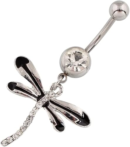 Lenacou Dragonfly Belly Button Rings 14G Surgical Stainless Steel Dangle Navel Barbell Stud Cubic Zirconia Body Piercing (White)