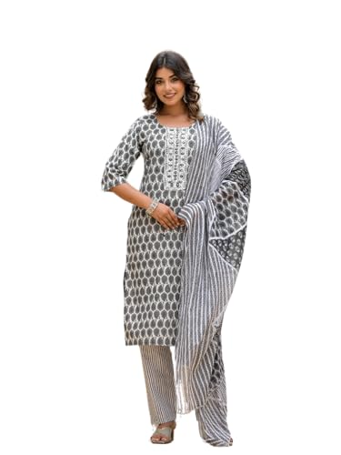 Image of Juniper Grey Ethnic Motif Printed Cotton Kurta, Pant And Dupatta Set With Thread & Mirror Work
