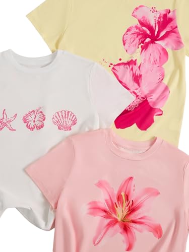 Image of RoseSeek Girl's Shirts 3 Packs Star Butterfly Graphic Tees Crew Neck Short Sleeve T Shirt Casual Tops