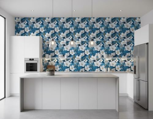 Image of VKR 3D Floral Wallpaper, Self Adhesive Decorative Peel and Stick Wall Covering Sticker for Bedroom, Living Room and Office (45 x 300 cm, Blue Flower) Pack of 1