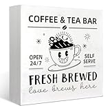 FLVGE Farmhouse Coffee and Tea Bar Sign,The Coffee and Tea Bar Love is Brewing Wood Box Sign Desk Decor,Rustic Home Kitchen Office Coffee Bar Decor,Coffee Bar Corner Shop Cafe Decoration,5x5