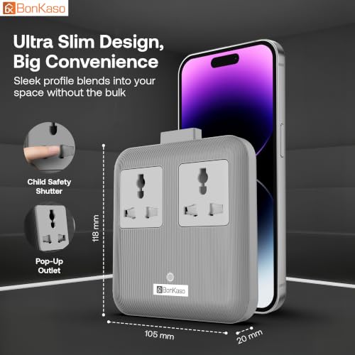 Image of BonKaso Nano 6-in-1 67W GaN Fast Charging Station with 2 AC Outlets, 2 USB-C & 2 USB-A Ports | Ultra Slim Portable Power Hub | Multi-Layer Protection | 330g | 11.8x10.5x2 CM (Grey)