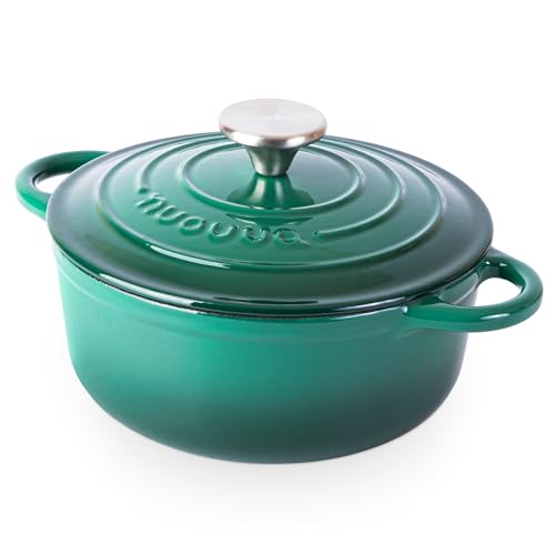 Gusseisen-Schmortopf mit Deckel – Emaille-Kochgeschirr mit Antihaft, Ofenfest – Dunkelgrün, 2.0...