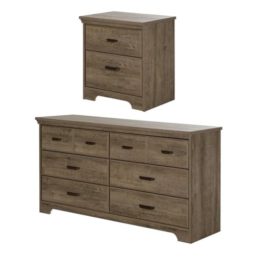 South Shore Versa 6-Drawer Double Dresser and 2-Drawer Nightstand, Weathered Oak
