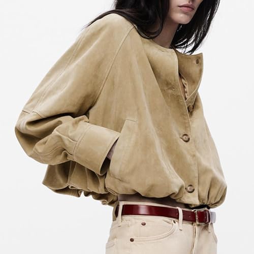 Ainangua Women's Faux Suede Button Bomber Jacket Oversized Gathered Hem Short Coat Casual Cropped Leather Jacket Outerwear3