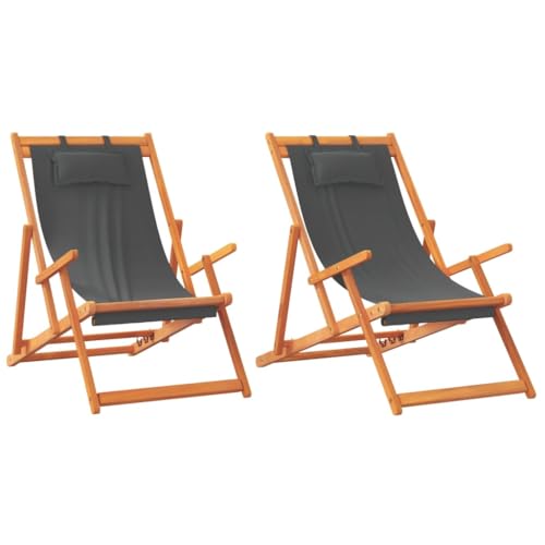 Tomostar Lot de 2 Chaises Longue Pliante en Bois, Bain de Soleil Transat Chilienne Gris Tissu