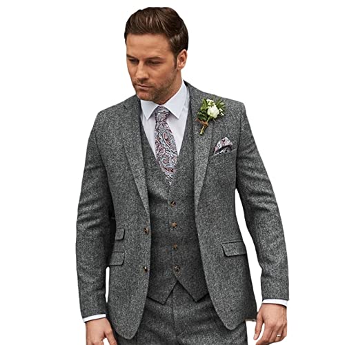 Men's Suits Formal Business Wool Blend 3 Piece Slim Fit Notched Lapel Tuxedos Blazer Vest Pants Grey #TOP25