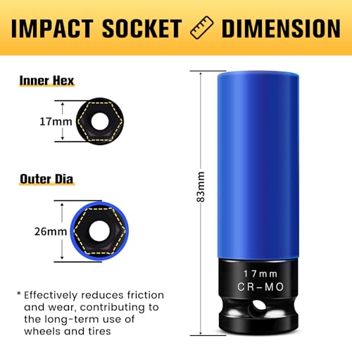 Image of BOEN 17mm 1 /2 inch Drive Wheel Protector Impact Socket, Non-Marring Lug Nut Thin Wall Deep Socket Set, Chrome-Molybdenum Steel, 6 Point, Color-Coded Protective Socket