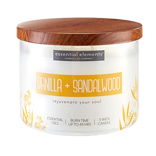 Candle Lite Essential Elements 3-Docht Duftkerzen - Vanilla & Sandalwood (418g) - Der Beruhigende Vanille Duft für dein Zuhause - Duftkerze mit bis zu 45h Brenndauer - Sojawachsmischung Cover