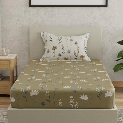 Image of HUESLAND by Ahmedabad Cotton 144 TC Bedsheet for Single Bed with 1 Pillow Cover | Olive Green, White