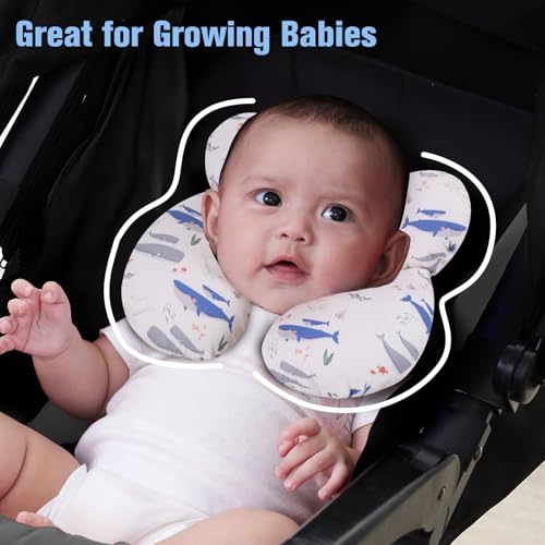 Image of KAKIBLIN Baby Travel Pillow, Upgraded Baby Neck Pillows for Car Seat, Infant Neck Support Pillow for Head and Neck,Newborn Head Support for Car Seat, Stroller, Pushchair(Whale)