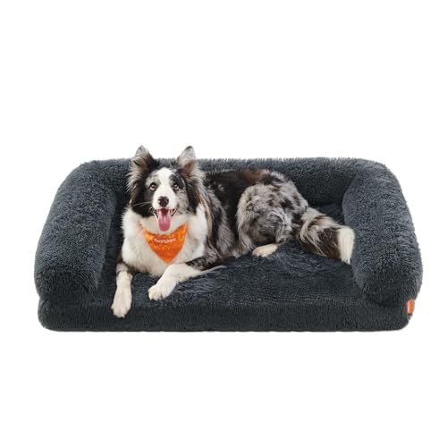 Feandrea FluffyHug Dog Bed, XL Dog Sofa Bed for Medium and Large Dogs, Egg Crate Foam Pet Bed with Removable Washable Cover, 106 x 76 x 19 cm, Dark Grey PGW233G02V1