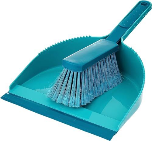 Leifheit Kit de balayage manuel Classic, balai pratique avec extrémités épissées, pelle-balayette solide avec lèvre en caoutchouc extra-longue et raclette d'angle 41401 Turquoise 25,5 x 23,5 x 36,5 cm