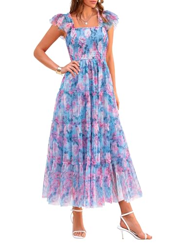 PRETTYGARDEN Women's Summer Tulle Midi Dress Sleeveless Smocked Ruffle Flowy Mesh Dresses Party Wedding Guest Sundress (Floral Blue Pink,Small)