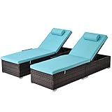GIKPAL Outdoor PE Wicker Chaise Lounge - 2 Piece Patio Black Rattan Reclining Chair Furniture Set - Beach Pool Adjustable Backrest Recliners with Side Table and Comfort Head Pillow (Blue)